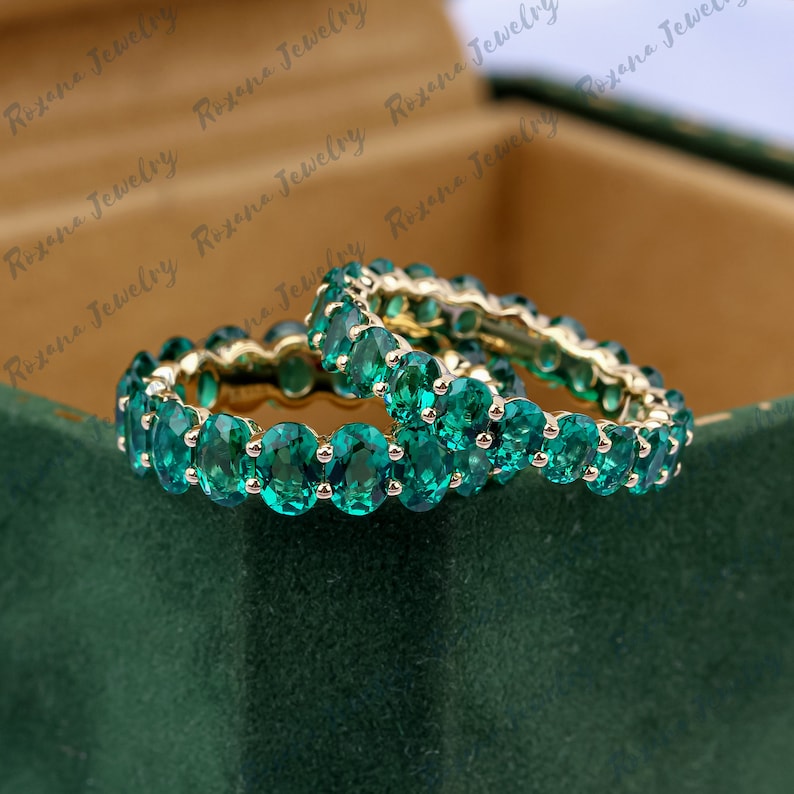 Oval Green Emerald Full Eternity Band 14K Solid Yellow Gold Stacking ...
