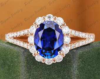 Solid Gold Birthstone Wedding Ring, Oval Blue Sapphire Engagement Ring, Moissanite Halo Bridal Ring, Promise Ring, Handmade Jewelry For Wife