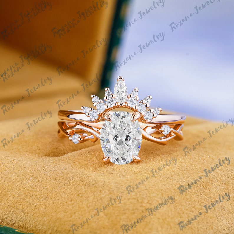 1.5CT Oval Cut Moissanite Engagement Ring Set 14K Solid Gold Ring ...