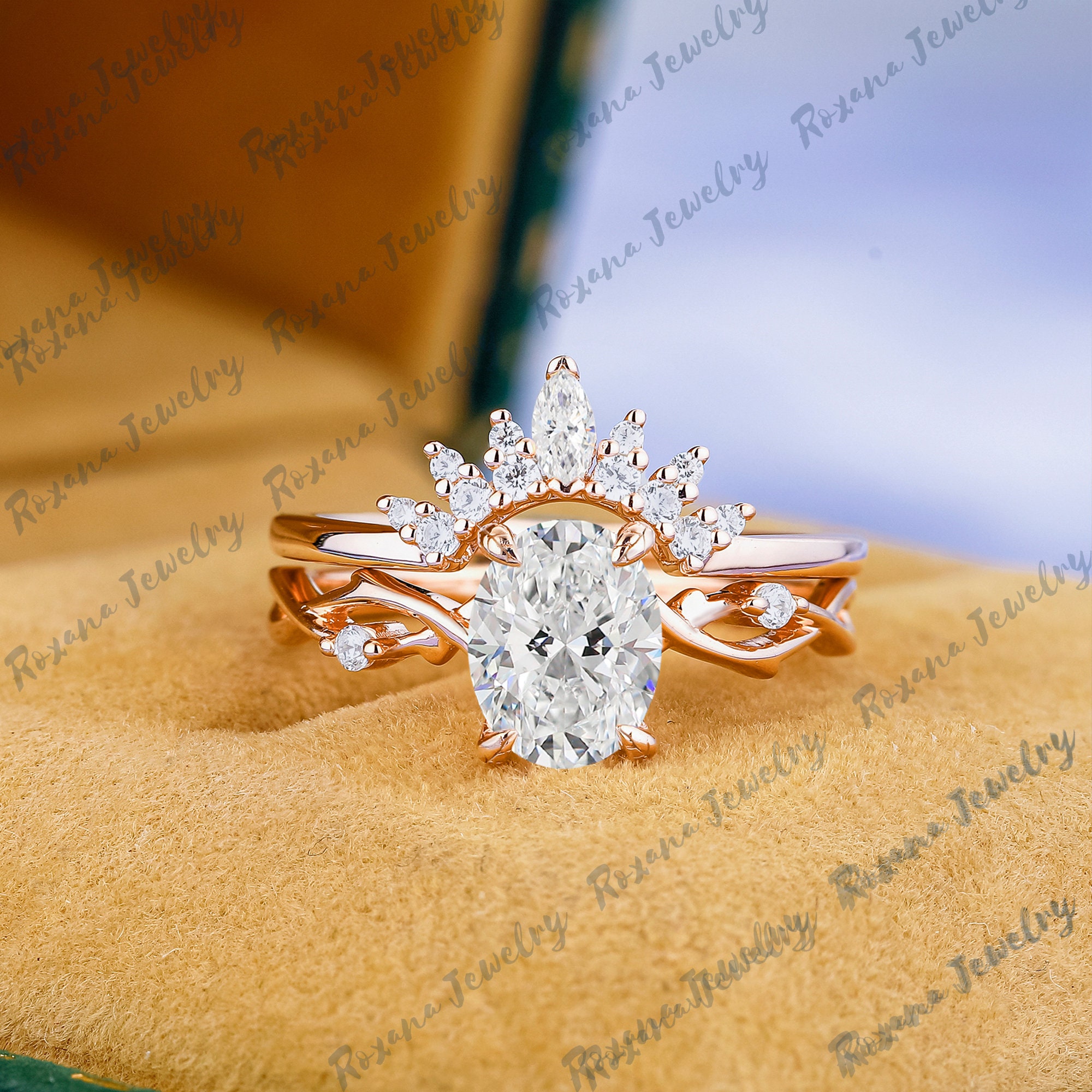 1.5CT Oval Cut Moissanite Engagement Ring Set 14K Solid Gold Ring ...