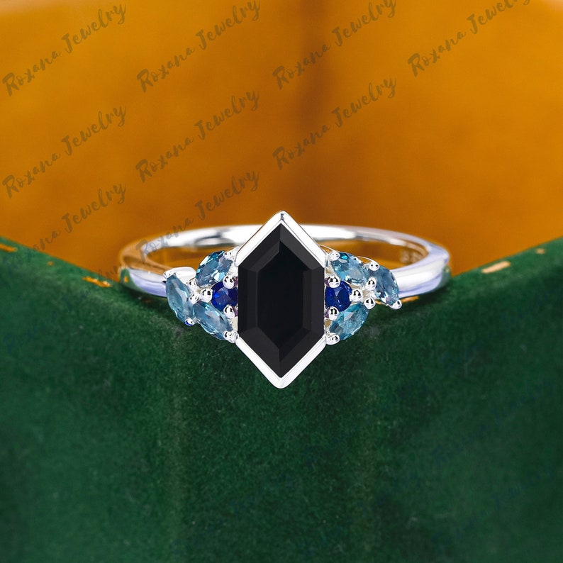 Vintage Hexagon Cut Black Onyx Engagement Ring Solid White Gold Blue Sapphire Cluster Ring London Blue Topaz Anniversary Gifts Gemstone Ring image 1