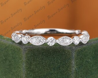 Vintage Round Cut Lab Grown Diamond Wedding Band Solid White Gold Ring Art Deco Band Matching Band Anniverary gifts for wife Handamde ring