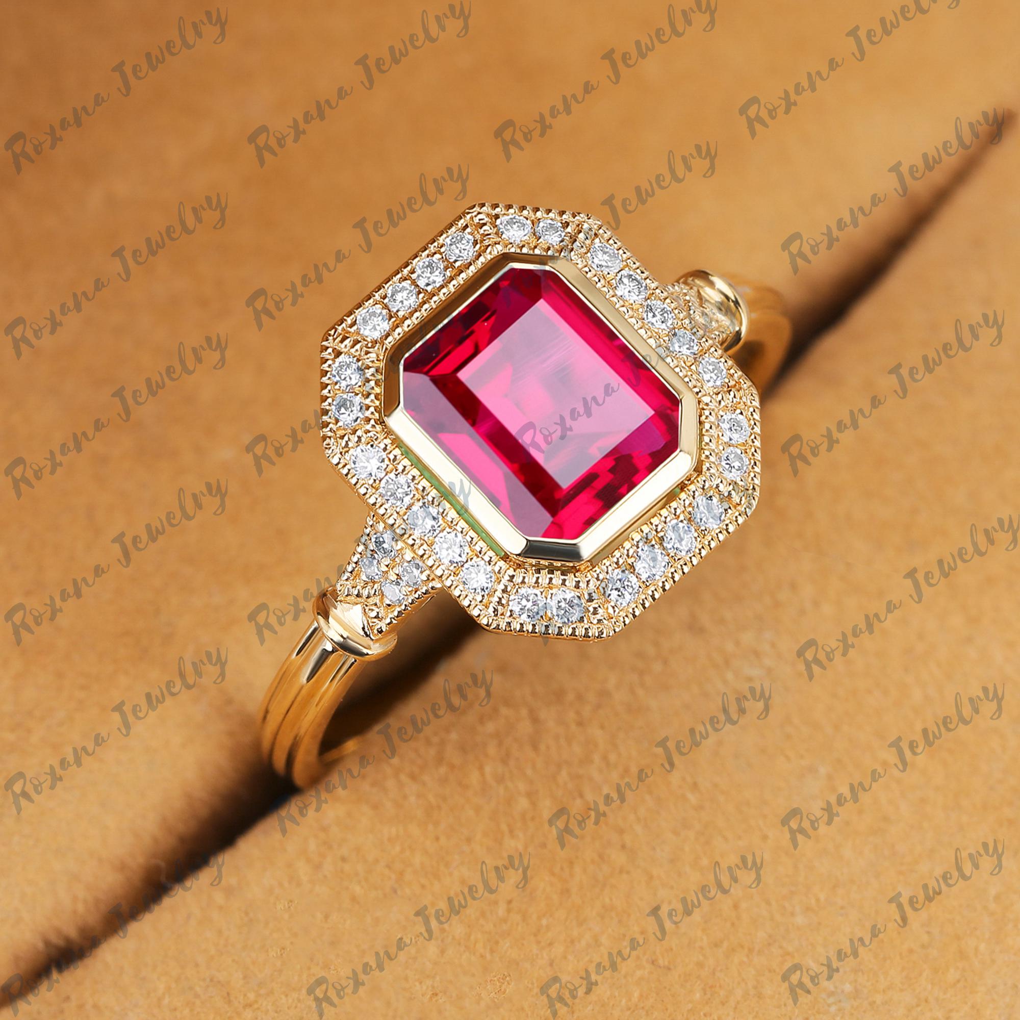 Emerald Shape Red Ruby Bridal Ring Moissanite Halo Ring Solid Yellow ...