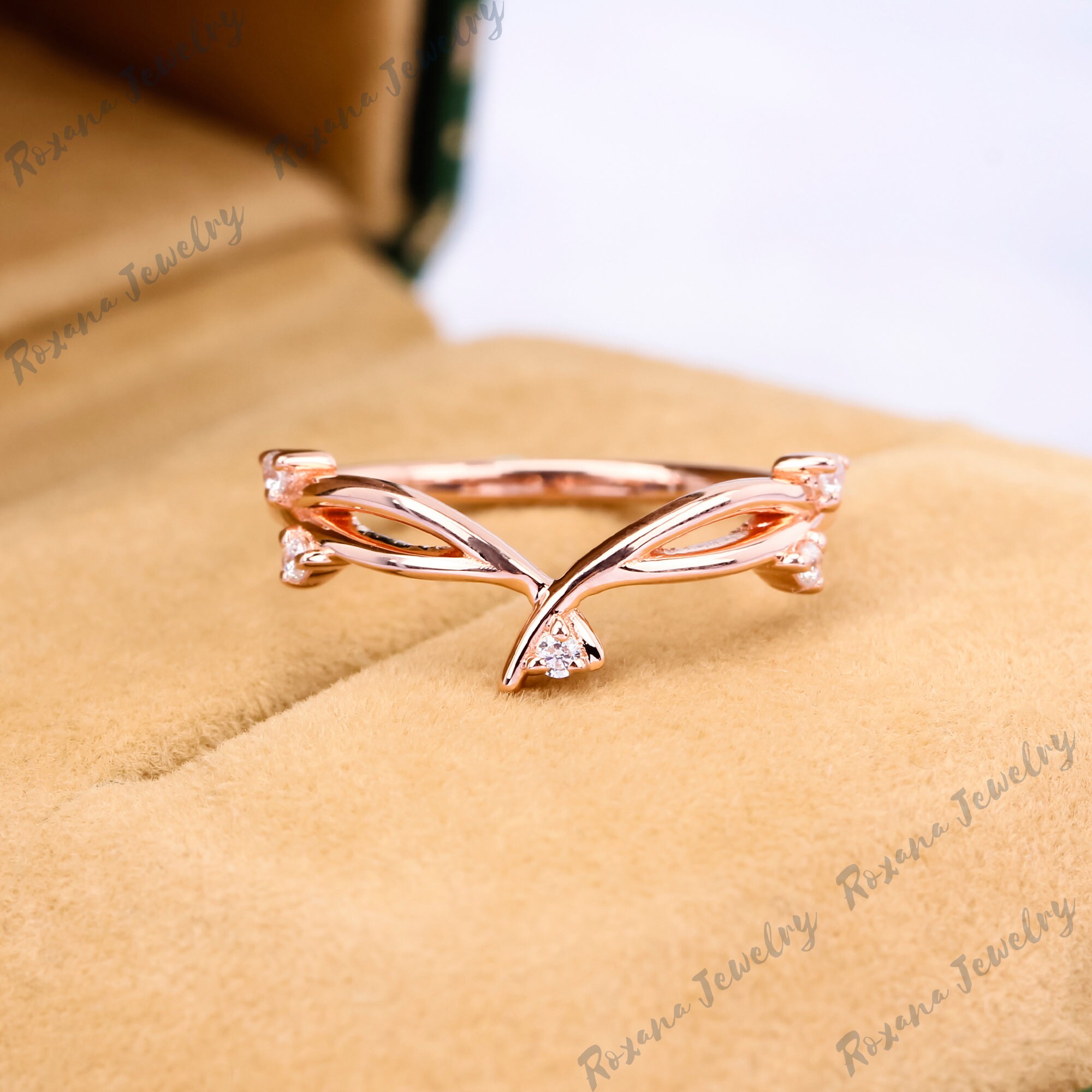Art Deco Moissanite Wedding Band Solid Rose Gold Unique Curved Band ...