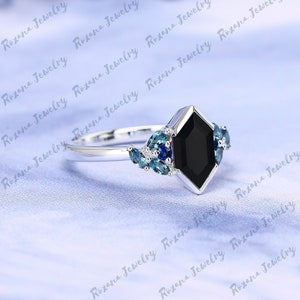 Vintage Hexagon Cut Black Onyx Engagement Ring Solid White Gold Blue Sapphire Cluster Ring London Blue Topaz Anniversary Gifts Gemstone Ring image 5