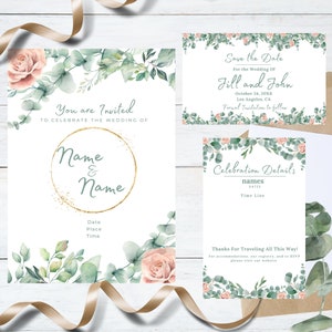 Plantilla de conjunto de invitaciones de boda de eucalipto, paquete de invitaciones de boda editable, suite de invitaciones imprimibles, descarga instantánea, guardar la fecha