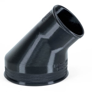 May include: A black plastic funnel with a 45-degree angle. The funnel has a smooth, textured surface and a wide base.