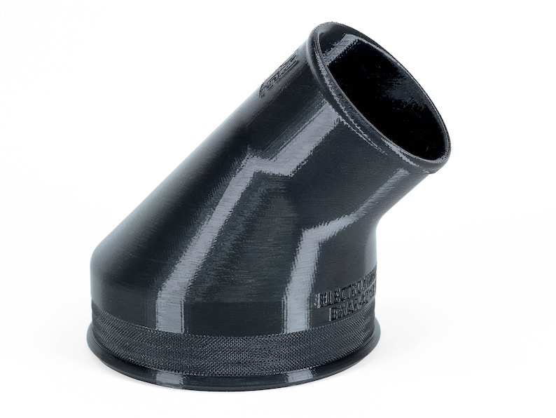 May include: A black plastic funnel with a 45-degree angle. The funnel has a smooth, textured surface and a wide base.