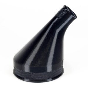 May include: A black plastic funnel with a wide base and a narrow spout. The funnel is designed for pouring liquids into containers with small openings.
