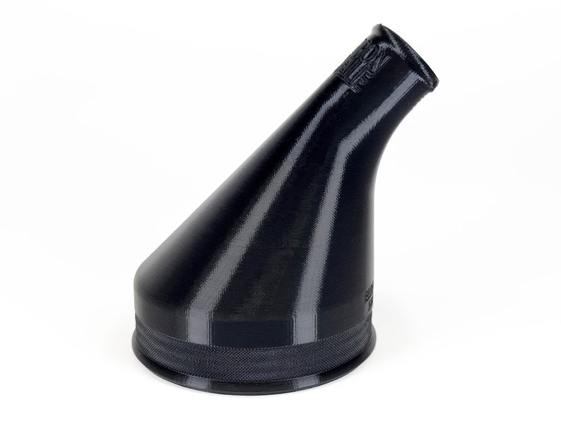 May include: A black plastic funnel with a wide base and a narrow spout. The funnel is designed for pouring liquids into containers with small openings.