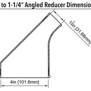 May include: A diagram showing the dimensions of a 4-inch to 1-1/4-inch angled reducer. The reducer is shown in profile view with the measurements in inches and millimeters.
