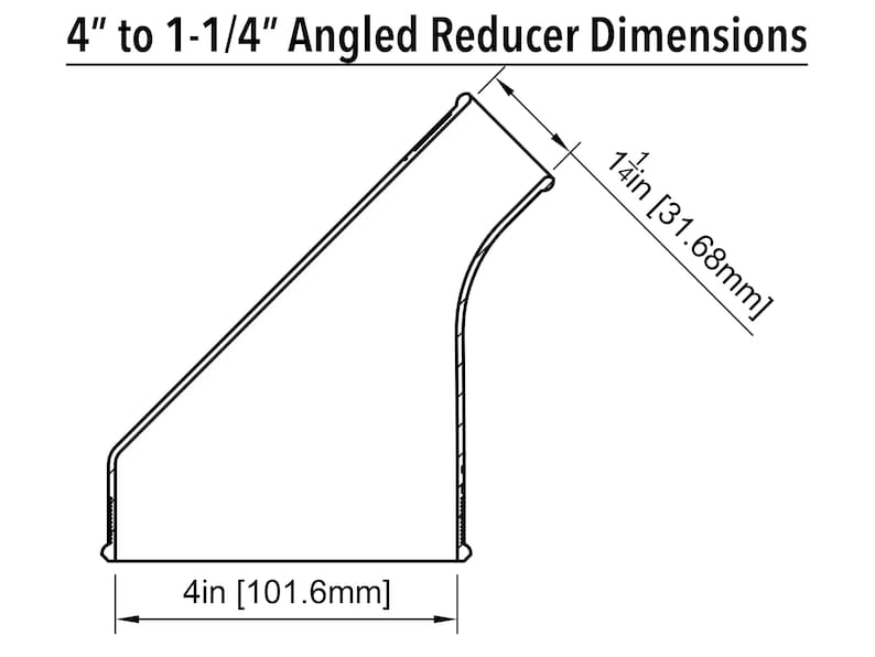 May include: A diagram showing the dimensions of a 4-inch to 1-1/4-inch angled reducer. The reducer is shown in profile view with the measurements in inches and millimeters.