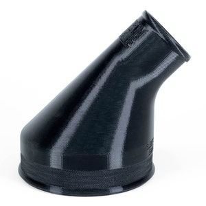 May include: Black plastic 3D printed funnel with a 45-degree angle. The funnel has a wide base and a narrow opening.