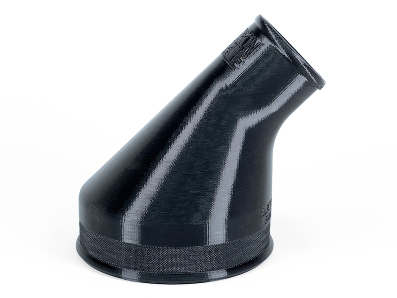 May include: Black plastic 3D printed funnel with a 45-degree angle. The funnel has a wide base and a narrow opening.