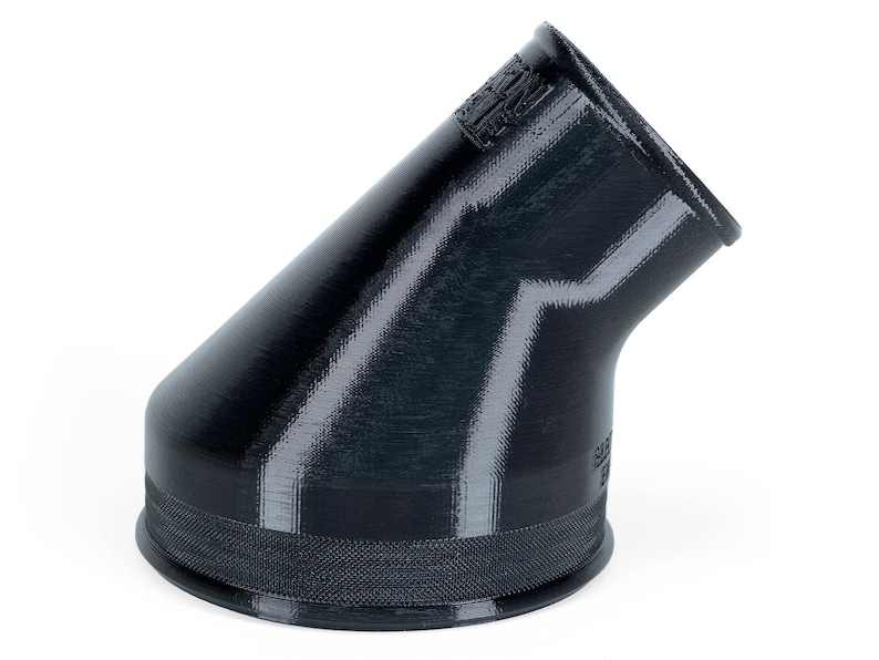 May include: Black plastic 45-degree elbow pipe fitting with a textured surface.