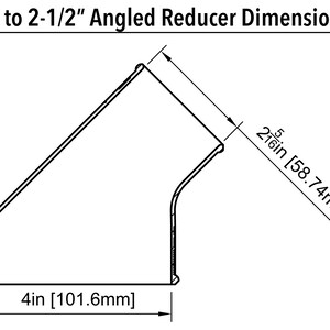 May include: Line drawing of a 4 inch to 2 1/2 inch angled reducer with dimensions labeled in inches and millimeters.