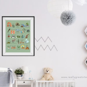 Pu&ograve; includere: Un poster dell'alfabeto verde con illustrazioni di parchi nazionali e monumenti. Ogni lettera &egrave; abbinata a un'immagine e una parola corrispondenti, come "A &egrave; per Arches" e "B &egrave; per Badlands".