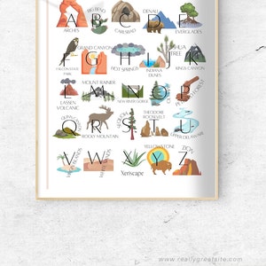 Pu&ograve; includere: Un poster dell'alfabeto colorato con illustrazioni di parchi nazionali e monumenti degli Stati Uniti. Ogni lettera &egrave; abbinata al nome di un parco e a una piccola illustrazione, come una montagna, un albero o un canyon.