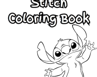 Könnte beinhalten: Ein Schwarz-Weiß-Malbuch mit der Figur Stitch aus dem Animationsfilm Lilo & Stitch. Der Titel "Stitch Coloring Book" steht in fetten, umrandeten Buchstaben über einer Cartoon-Illustration von Stitch.