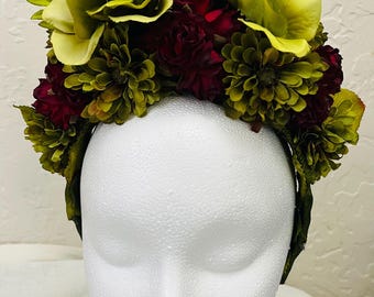 Woodland Floral Crown Headband/Green and Burgundy Headpiece/Boho Festival Crown/Renaissance Fairy Hair Accessory
