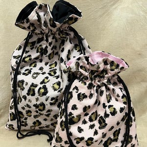 Blush pink leopard print drawstring bag set/Handmade cotton bags/Lined jewelry, lingerie and travel storage bags