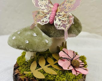 Whimsical mushroom decor with butterfly/Fairy cottagecore woodland sculpture!
