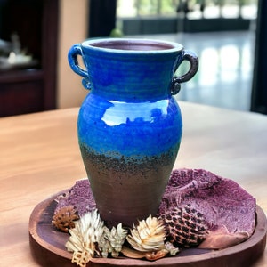 Handmade Ceramic Succulent Pot, Tall Blue Art Pottery, Korean Decor