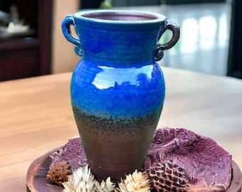 Handmade ceramic decorative pot, one-of-a-kind art piece pottery, tall blue jar shape, perfect for succulents, cactus and bonsai.