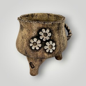 ZE6 Handmade Round Ceramic Planter with 3D Flower Design, Tripod Footed Pot, One-of-a-Kind 3 flower Pot, 5.25"tall X4 opening