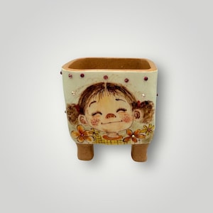 Ann92 Hand-painted ceramic planter Cute Girl Design | Artisan Glazed Cubic Zirconia, 3.5" X 2.5" X 3H"