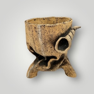 May include: A handcrafted, textured ceramic planter with a unique, organic design. The planter features a light brown color with darker brown accents, a horn-like detail, and three stylized legs. The opening is approximately 6 inches in diameter.