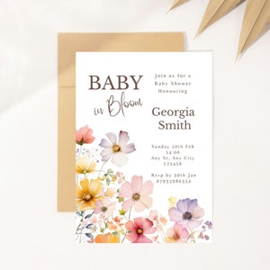 Baby in Bloom Invitation, Wildflowers Baby Shower Invitation, Purple Pink Flower Invitation, Wild Flower Invite,Floral Baby Brunch Invite,B2