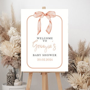 Bow Baby Shower Welcome Sign, Welcome To Baby Shower Sign With Pink Bow, Editable Pink Bow Welcome Sign, Pink Watercolor Ribbon, DIY
