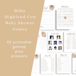 Giochi per baby shower Highland Cow, pacchetto di giochi per baby shower Boho Cow, pacchetto di giochi per baby shower Holy Cow, giochi per baby shower più divertenti, BH1