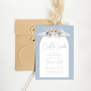 Baby Shower Invita Niño Cielito Lindo, Invitación Floral Azul Baby Shower, Editable, Descarga Instantánea, Boho Baby Shower