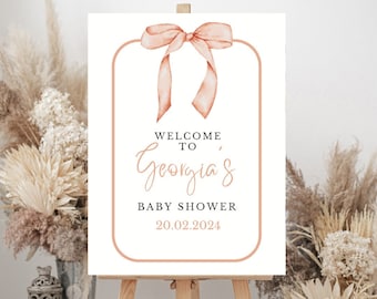 Bow Baby Shower Welcome Sign, Welcome To Baby Shower Sign With Pink Bow, Editable Pink Bow Welcome Sign, Pink Watercolor Ribbon, DIY