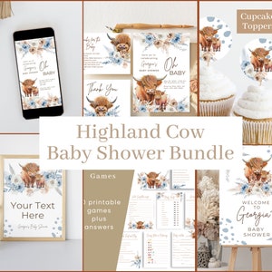 Highlander Cow Baby Shower Bundle, Highland Cow Baby Shower Sign,  Boho Highland Cow Baby Shower Invitation, Gender Neutral Cow Shower, HC2