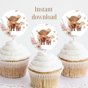 Cow Print Cupcake Toppers, Highland Cow Baby Shower, Cow Baby Shower Decorations, Highland Cow Baby Shower Decorations, Blush Pink Baby, HC3