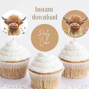 Holy Cow Baby Shower Cupcake Topper, Highland Cow Baby Shower Decorations Boy, Highland Cow Baby Shower Decorations, Neutral Baby Shower