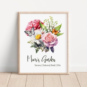 Birth Flower Family Bouquet, Custom Digital Print, Personalized Gift Mother&#39;s Day, Antique Home Art, Grandmother Gift,Floral Family portrait