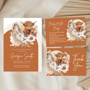 Invitación al baby shower de Rust Highland Cow, plantilla editable, paquete de invitación editable para baby shower de Holy Cow, baby shower en tono tierra
