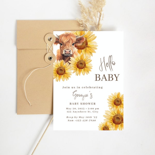 Cow And Sunflower Baby Shower Invitation, Cow Sunflower Baby Shower Invitations, Sunflower Baby Shower Theme, Online, Farm Animals, SF1