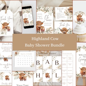 Highlander Cow Baby Shower Bundle, Highland Cow Baby Shower Sign,  Boho Highland Cow Baby Shower Invitation Bundle,Gender Neutral Cow Shower