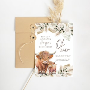 Faire-part de baby shower vache Highlander, invitations de shower de bébé vache Highland Boho, invitation de baby shower, pays garçon, baby shower d&#39;herbe de la pampa, HC1