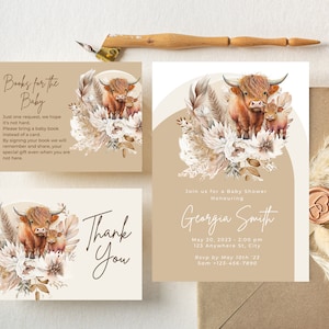 Invitation de shower de bébé vache Highland, modèle modifiable, lot d&#39;invitations de shower de bébé vache sacrée modifiable, baby shower aux tons terre, invitation Boho