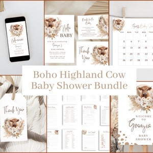 Highlander Cow Baby Shower Bundle, Highland Cow Baby Shower Sign,  Boho Highland Cow Baby Shower Invitation, Gender Neutral Cow Shower