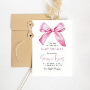 Editable Pink Bow Invitation for Baby Shower, Minimalist Baby Shower Pink Watercolor Ribbon, Blush Pink Baby Sprinkle, DIY Digital Template
