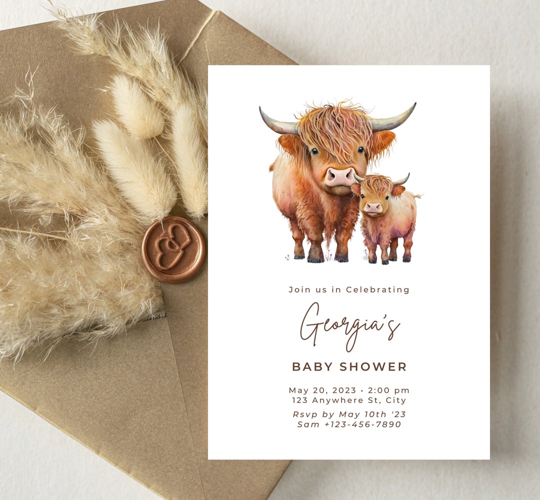 Simple Highland Cow Invitations, Highland Cow Baby Shower Invites, Baby