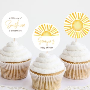 Custom Sunshine Baby Shower Cupcake Toppers, Here Comes Son Cupcake Toppers, Cupcake Toppers Sunshine, Instant Download, Sunshine Cupcake