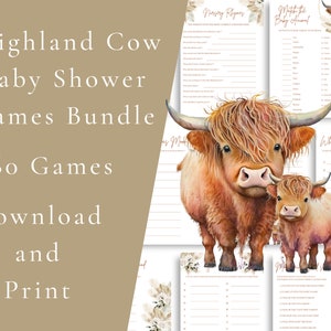 Giochi per baby shower Highland Cow, pacchetto di giochi per baby shower Boho Cow, pacchetto di giochi per baby shower modificabile Holy Cow, giochi per baby shower più divertenti, HC1
